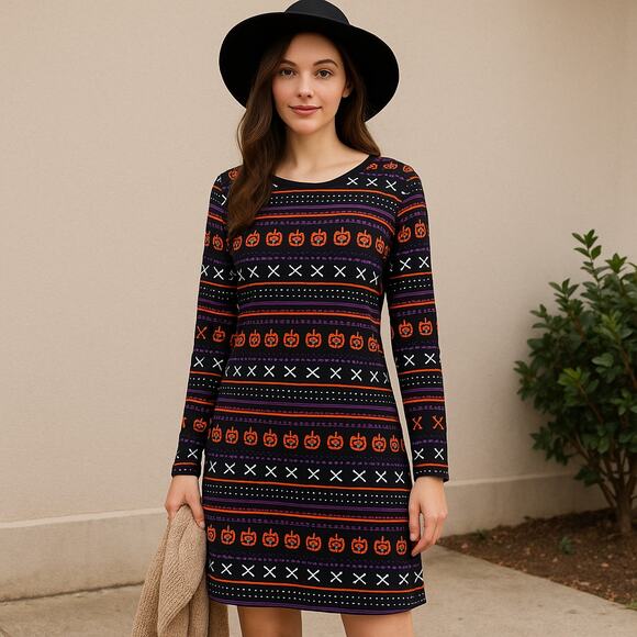 Dress Works Halloween Pumpkin Skeleton Print Long Sleeve Dress Women's Large NWT - Picture 1 of 10